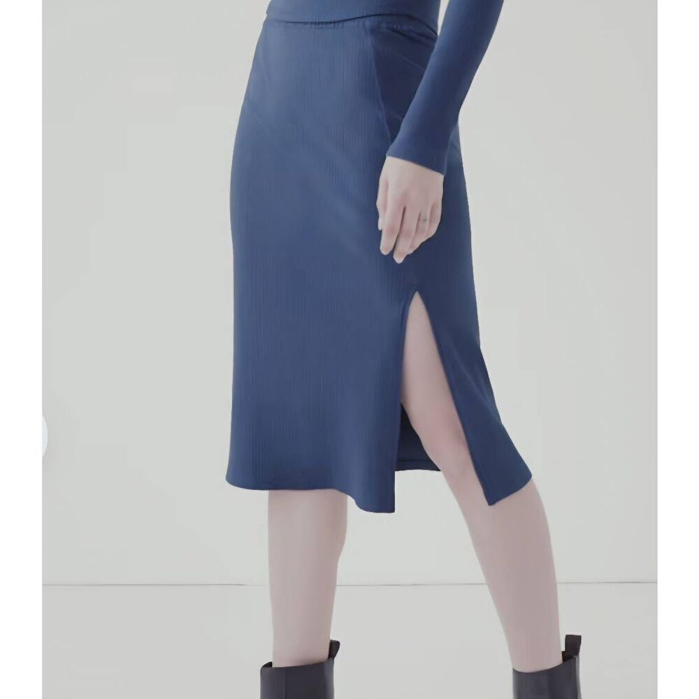 NWT Pact Skirt Women's XS Blue Ribbed Refined Rib Midi Skirt Organic Cotton Slit